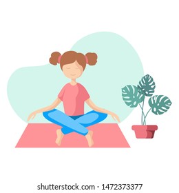 Kid or teenager girl in lotus pose, doing yoga asana, sport exercises and meditation. Cute female character in flat style, vector illustration on white background.