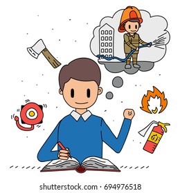 Kid in telling story as a firefighter, doodle illustration concept