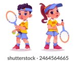 Kid tennis plater character vector illustration. School court athlete with racket and ball. Two children sport workout competition in cap and uniform graphic collection. Pitch boy posture with shadow