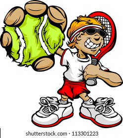 Kid Tennis Player Holding Racquet And Ball