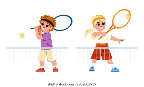 kid tennis vector. game sport, racket child, court play, player active, healthy lifestyle kid tennis character. people flat cartoon illustration