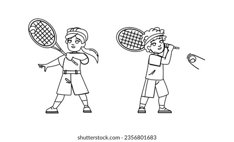 kid tennis vector. game sport, racket child, court play, player active, healthy lifestyle kid tennis character. people black line illustration