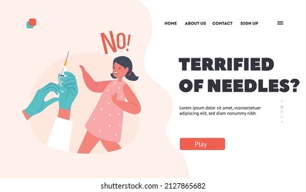 Kid Terrified of Needles Landing Page Template. Child Afraid of Vaccination, Seasonal Disease Prevention Concept. Girl Character Protecting from Syringe with Needle. Cartoon People Vector Illustration