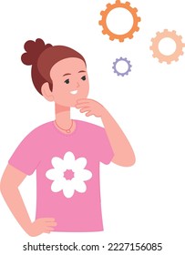 Proceso de pensamiento infantil. Muchacha que da tormentas de ideas. Carácter inteligente con engranajes aislados en fondo blanco
