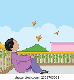 kid thinking at roof of house on morning
