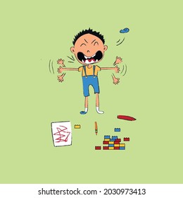 Kid Throw Tantrum In Class, Screaming Out Of Control Boy  Breaking Pencils And Throwing Things In Illustration, Drawing, Vector. 