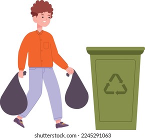 Kid throwing garbage. Boy carrying trash bags isolated on white background