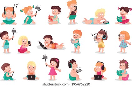 Kid Toddler Using Mobile Gadget and Device Listening to Music, Taking Photograph and Speaking by Phone Vector Illustration Set