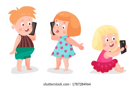 Kid Toddler Using Smartphone Pretending Speaking by Phone Vector Illustration Set