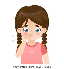 Kid with toothache and swollen cheek. Upset cartoon girl with dental pain. Close up sad child holding on to an ache tooth.