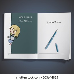 Kid in torn piece of paper printed on book.