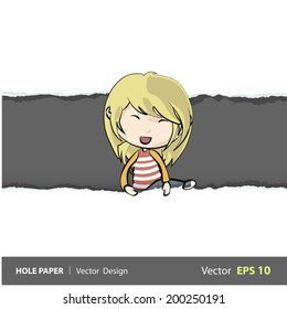 Kid with torn piece of paper. Vector design. 