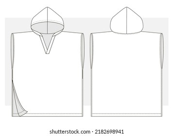 Kid towel with hood and collar strap technical sketch. Vector illustration.