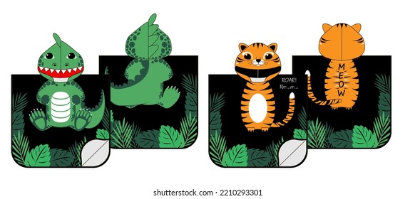 Kid towel with hood with crocodile and tiger design. Vector illustration.