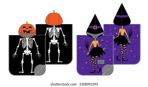 Kid towel with hood and skelton, pumpkin and witch design. Technical sketch. Halloween vector illustration.