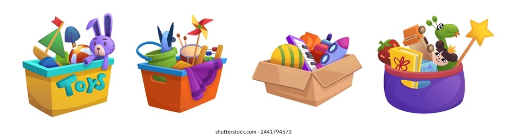 Kid toy box with gift for play isolated vector. Baby child ball, car, doll and rocket stuffed in full package for donation. Plush rabbit animal with drum in cardboard container in kindergarten or shop