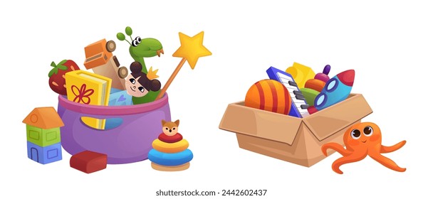 Kid toy box with gift for play isolated vector. Baby child ball, car, doll and rocket stuffed in full package for donation. Plush animal with piano in cardboard container in kindergarten or shop