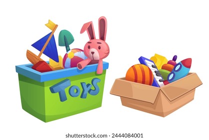 Caja de juguete para niños con regalo para jugar Vector aislado. Bola de bebé niño, barco y cohete relleno en paquete completo para donación. Animal de conejo de peluche con piano en envase de cartón en jardín de infantes o tienda