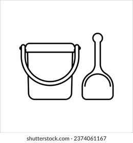 kid toy bucket with spatula icon, childhood educational and mental summer playing, flat outline vector illustration isolated on white background