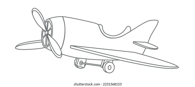 Kid Toy Plane. Vector illustration of Baby Airplane in outline style for little Boy. Cute drawing in outline style on isolated background in white and black colors. Line art of retro jet for fun game.