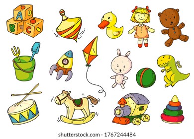Kid toy set. Cartoon wooden and plastic toy for kid set. Vector object for preschool children game and education illustration isolated on white background