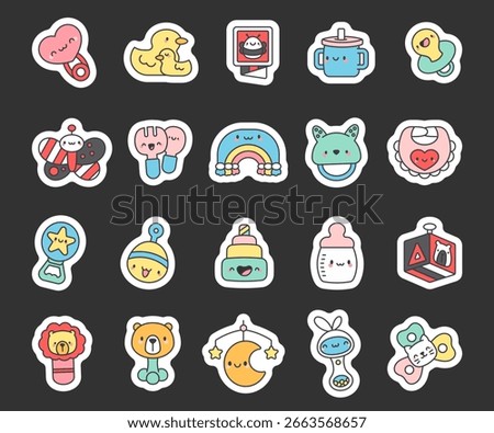 Kid toy set with cute pacifier, rattle, bottle, mobile, duck, book, spinner, spoon, bib, mug, rainbow, teether, pyramid, cube, moon, butterfly