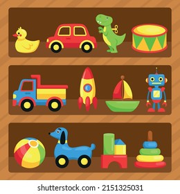 Kid toy shelf. Cartoon funny baby play shop. Vector flat graphic element of kids toys collection