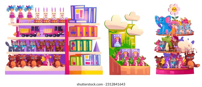 Kid toy shop interior shelf game vector cartoon illustration. Baby gift in store carousel shelves. Happy teddy bear, elephant, car and plush bunny to order from market for children in kindergarten.