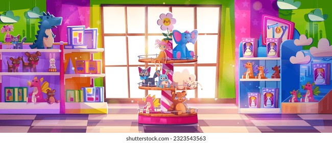 Kid toy store interior cartoon vector illustration. Happy children toyshop for buy little gift. Teddy and doll display on wooden rack in market aisle. Indoor mall with floor and big window