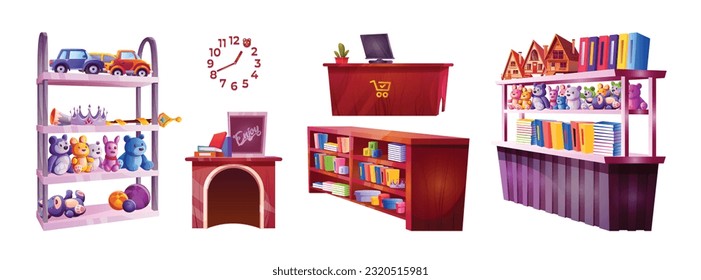 Dibujo interior del juego vectorial de la tienda de juguetes para niños. Librería de madera y cremallera para niños adorables, presentación de regalos de bolas, casas y coronas. El diseño de la vitrina de activos de mercado para mostradores y estantes.