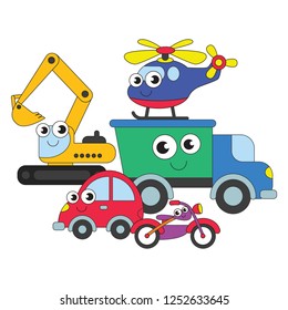 Kid Toy Transport funny smiley cartoon. Outlined illustration with thin line black stroke
