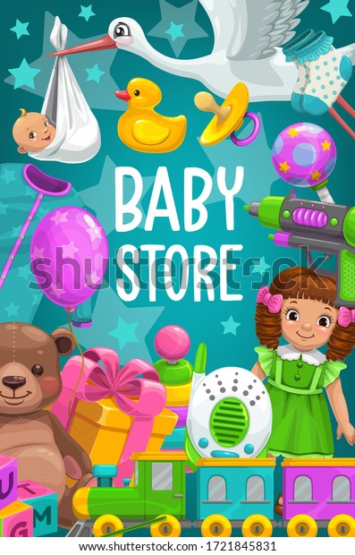 Kid toys and baby games shop. Vector poster with\
bear and dolls. Boy and girl toys newborn nurse radio, water gun\
and alphabet cubes, child bath duck, pacifier and train, bootie and\
nipple