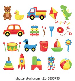 Kid toys. Cartoon plastic colored toy icon. Vector vintage kid play collection