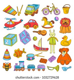 Kid toys or children playthings vector flat icons collection