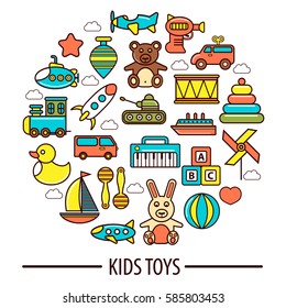 Kid toys or children playthings vector poster