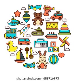 Jóvenes juguetes o niños reproducen íconos vectoriales afiche