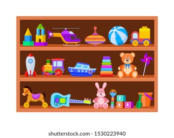 Kid Toys On Shelves. Children Toy On Wooden Shop Shelf In Playroom. Cartoon Ball And Train, Whirligig And Guitar Vintage Vector Set