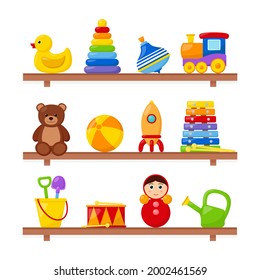 Kid toys on wooden shelves, vector illustration