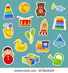 Kid toys. Set of stickers, vector illustration