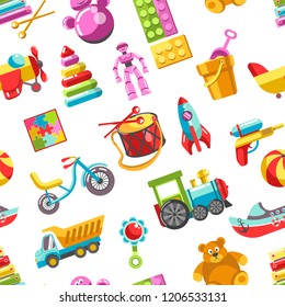 Kid toys vector icons seamless pattern. Children playthings set