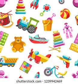 Kid toys vector icons seamless pattern. Children playthings set