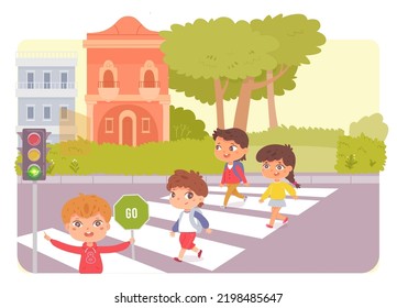 Kid with traffic sign and children cross pedestrian crossing vector illustration. Cartoon girl and boy characters walking on safe zebra, schoolboy teaching safety rules of road background.