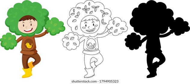 Kid with tree costume in color and outline and silhouette illustration