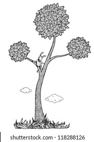 Kid in the tree vector illustration. Black and white
