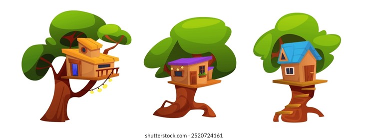 Kid treehouse cartoon. Wooden tree house vector. Forest hut with ladder for children cute illustration set. Small cabin for kindergarten playground on summer rural backyard design