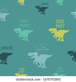 Kid t-rex pattern with funny angry dinosaur. Blue seamless background with cartoon monster dino with comic speech bubbles. Baby boy textile design with animal doodles.