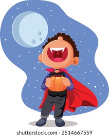 
Kid Trick or Treating Vestido como un Vector de vampiros de dibujos animados. Niño adorable divertido que celebra Halloween en traje 
