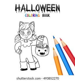 Kid trick or treating in Halloween costume Cat. Halloween Coloring Book Page. Illustration for children vector cartoon character isolated on white background. 