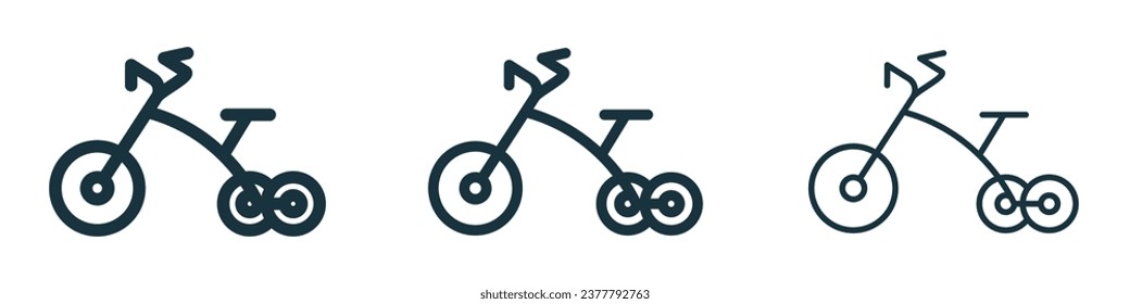 Kid tricycle sign icon set. Children three-wheel bicycle vector icon. Trike bicycle vector icon in black filled and outlined style.