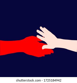 kid try to holding infected People hand (red). Use for Disease prevention (virus or bacteria) : Everybody must wash hand before touching other people. Infection spreading concept.